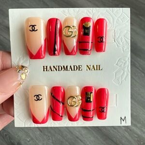 Handmade Red & Nude Luxury-Inspired Press-On Nails